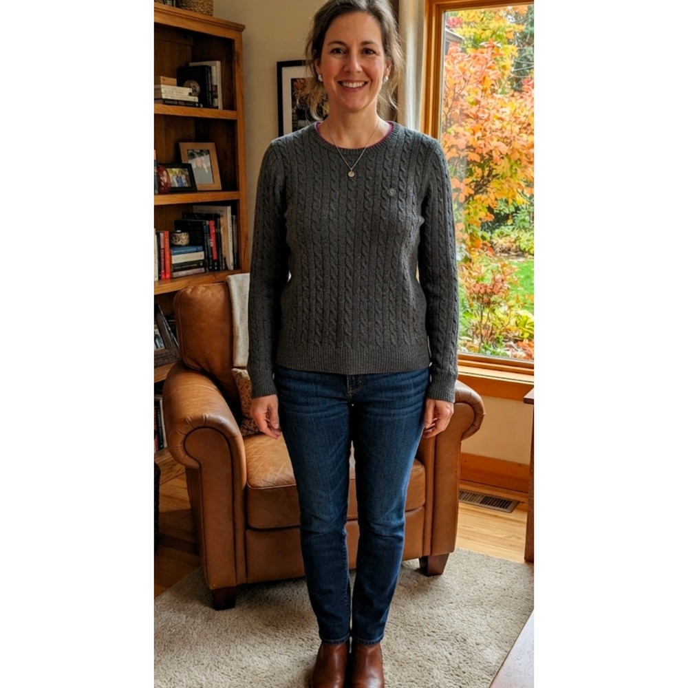 IZOD Womens Charcoal Gray Cable Knit Crew Neck Long Sleeve Sweater Size L